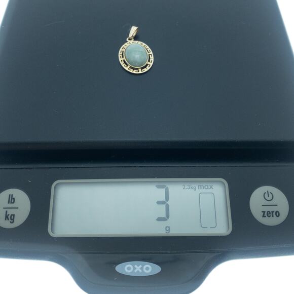 14K Yellow Gold Green Jade Cabachon Pendant Greek Key 3 grams - Picture 8 of 13